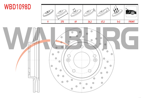 WALBURG WBD1098D | Fren Diski Ön Havalı Performans Delikli 5 Bjn 275X26,2X69x47,2 Hyundai Santa Fe 2.0 CRDI-2.0İ-2.4İ 16V-2.7İ V6 2001-2006 / Trajet 2.0 CRDI-2001-2006 | 2 Adet