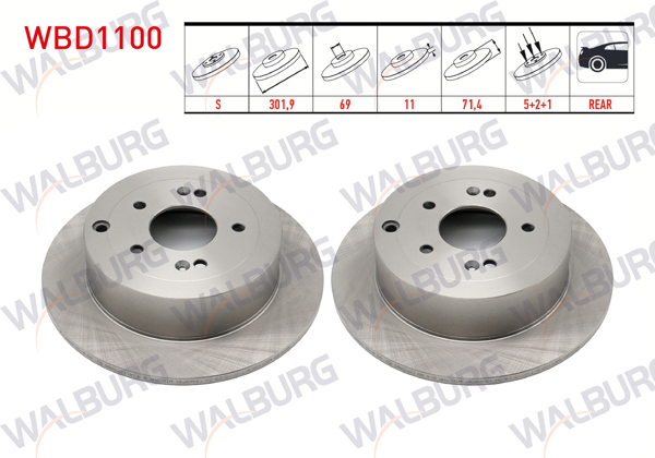 WALBURG WBD1100 | Fren Diski Arka Düz 5 Bjn 301,9X11x69x71,5 Hyundai Santa Fe (Cm) 2.2 CRDI 2006-2012 / Santa Fe (Cm) 2.7İ V6 2006-2012 | 2 Adet