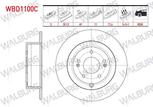 WALBURG WBD1100C | Fren Diski Arka Düz Kaplamalı 5 Bjn 301,9X11x69x71,5 Hyundai Santa Fe (Cm) 2.2 CRDI 2006-2012 / Santa Fe (Cm) 2.7İ V6 2006-2012 | 2 Adet