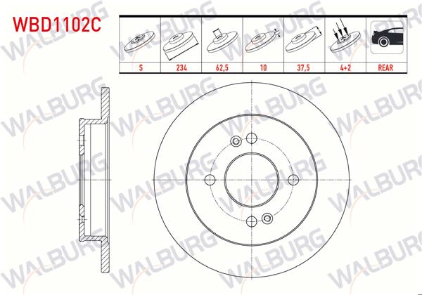 WALBURG WBD1102C | Fren Diski Arka Düz Kaplamalı 4 Bjn 234X10x62,5X37,5 Hyundai i10 1.1İ 12V-1.0 D-Cvvt-1.2 D-Cvvt 13 Jant 2008-2013 / Kia Picanto (Ba) 1.25-1.1İ 4 Bjn 2004-2011 | 2 Adet