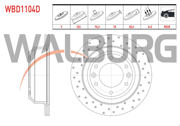 WALBURG WBD1104D | Fren Diski Arka Havalı Performans Delikli 6 Bjn 324X18x96,3X82,6 Hyundai H1 2.5 CRDI 2008-| 2 Adet