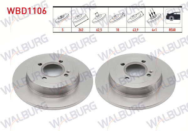WALBURG WBD1106 | Fren Diski Arka Düz 4 Bjn 262X10x62,5X44,2 Hyundai Accent Blue 1.6 CRDI-1.4 Cvvt 2012-/ Kia Rio III 1.5 CRDI-1.4 CRDI-1.25 Cvvt-1.4 Cvvt 4 Bjn 2011-2014 | 2 Adet