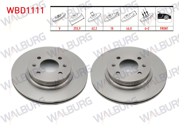 WALBURG WBD1111 | Fren Diski Ön Havalı 4 Bjn 255,9X18x62,2X46,6 Hyundai i20 (Pb, Pbt) 1.2İ 2008-2015 / i20 (Pb, Pbt) 1.4 CRDI 2008-2015 / i20 (Pb, Pbt) 1.4İ 2008-2015 / i20 (Pb, Pbt) 1.6 2008-2015 | 2 Adet