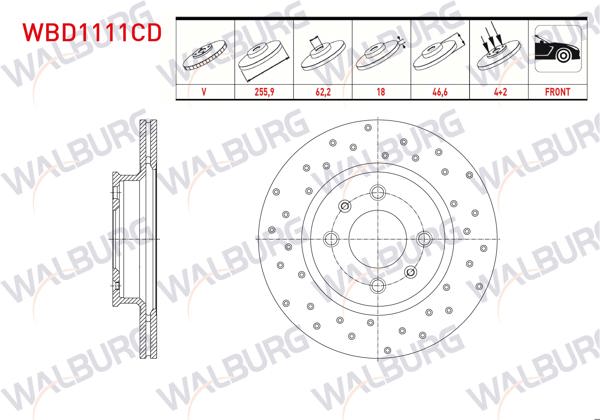 WALBURG WBD1111CD | Fren Diski Ön Havalı Kaplamalı Performans Delikli 4 Bjn 255,9X18x62,2X46,6 Hyundai i20 (Pb, Pbt) 1.2İ 2008-2015 / i20 (Pb, Pbt) 1.4 CRDI 2008-2015 / i20 (Pb, Pbt) 1.4İ 2008-2015 / i20 (Pb, Pbt) 1.6 08-15 | 2 Adet