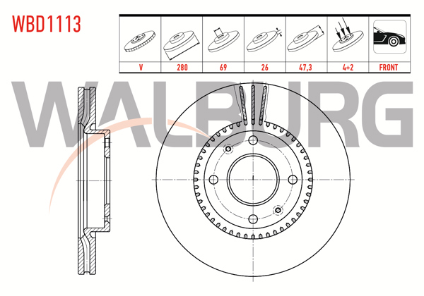WALBURG WBD1113 | Fren Diski Ön Havalı 4 Bjn 280X26x69x47,3 Hyundaı Elantra 1.6İ-2.0 CRDI-2.0 2001-2007 / Sonata IV 2.0İ 2001-2004 / Sonata V 2.0 CRDI-2.0 2005-2010 / Kia Magentis 2.0İ 16V 2001-2005 | 2 Adet