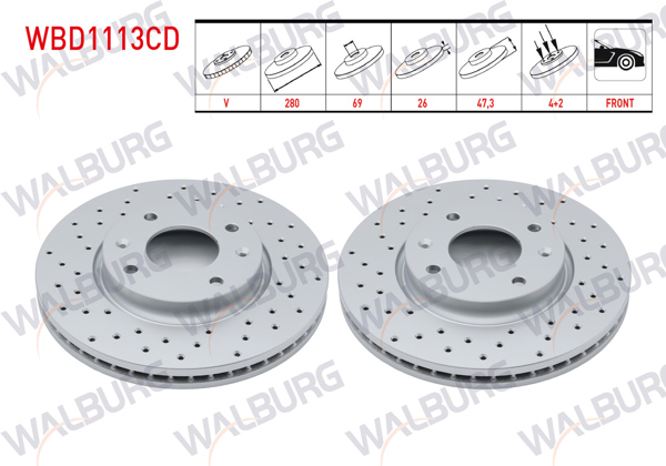 WALBURG WBD1113CD | Fren Diski Ön Havalı Kaplamalı Performans Delikli 4 Bjn 280X26x69x47,3 Hyundaı Elantra 1.6İ-2.0 CRDI-2.0 2001-2007 / Sonata IV 2.0İ 2001-2004 / Sonata V 2.0 CRDI-2.0 2005-2010 / Kia Magentis 2.0İ 16V | 2 Adet
