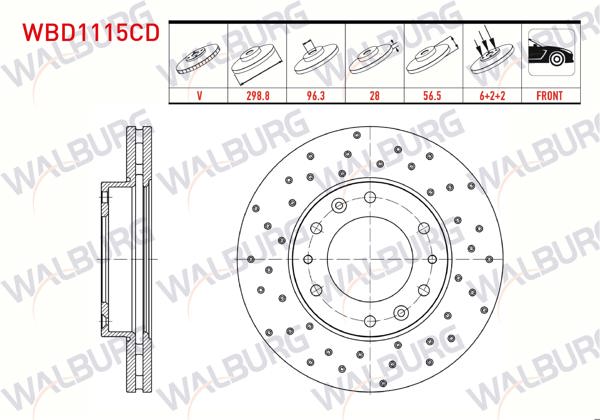 WALBURG WBD1115CD | Fren Diski Ön Havalı Kaplamalı Performans Delikli 6 Bjn 298,8X28x96,3X56,5 Hyundai H350 2.5 CRDI 2015-| 2 Adet