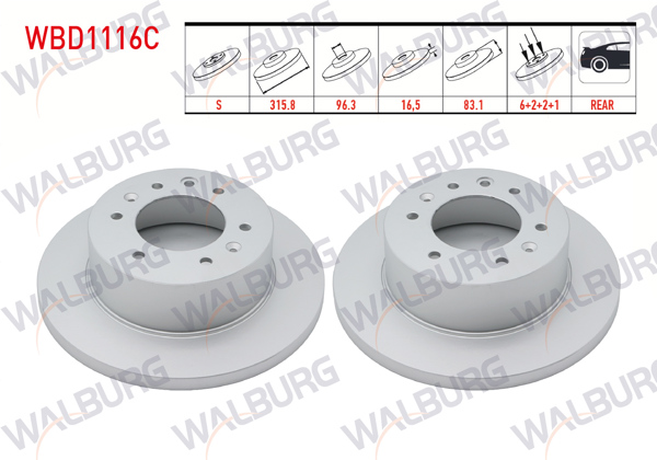 WALBURG WBD1116C | Fren Diski Arka Düz Kaplamalı 6 Bjn 315,8X16,5X96,3X83,1 Hyundai H350 2.5 CRDI 2015-| 2 Adet
