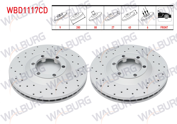 WALBURG WBD1117CD | Fren Diski Ön Havalı Kaplamalı Performans Delikli 6 Bjn 280X27x88x40 Isuzu D-Max (8Dh) 2.5 D 4X4 2002-2012 / D-Max (8Dh) 3.0 D A-T 4X4 2002-2012 / D-Max (8Dh) 2.5 Dıtd 4X4 2002-2012 | 2 Adet