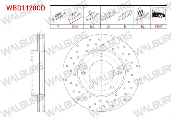WALBURG WBD1120CD | Fren Diski Ön Havalı Kaplamalı Performans Delikli 5 Bjn 301,8X28x96,3X54 Kia Sorento I (Jc) 2.5 CRDI 2002-2009 / Sorento I (Jc) 2.4İ 2002-2009 | 2 Adet
