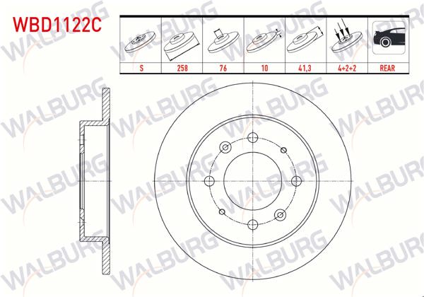 WALBURG WBD1122C | Fren Diski Arka Düz Kaplamalı 4 Bjn 258X10x76x41,3 Kia Cerato (Ld) 1.5 CRDI 2004-2012 / Cerato (Ld) 1.6İ 2004-2012 | 2 Adet