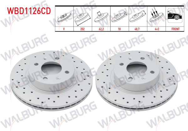 WALBURG WBD1126CD | Fren Diski Ön Havalı Kaplamalı Performans Delikli 4 Bjn 252X18x62,2X48,7 Hyundai i10 (Ba) 1.2 D-Cvvt 14 Jant 2013-/ i10 (Pa) 1.1İ 12V 2008-2013 / i10 (Ba) 1.0 D-Cvvt 2013-/ Picanto (Ba) 1.25 2004-2011 | 2 Adet