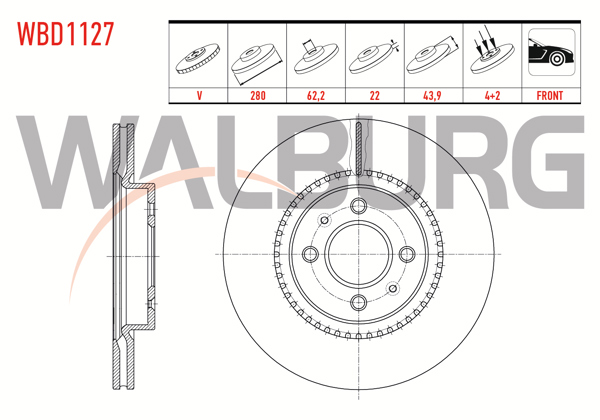 WALBURG WBD1127 | Fren Diski Ön Havalı 4 Bjn 280X22x62,2X43,9 Kia Rio III, IV 1.25 Cvvt, 1.4 Cvvt-1.4 CRDI-1.5 CRDI 2011-2014 / Hyundai i20 1.0 Tgd-İ, 1.2, 1.4, 1.4 CRDI 2015-| 2 Adet