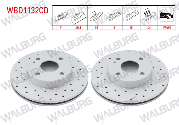 WALBURG WBD1132CD | Fren Diski Ön Havalı Kaplamalı Performans Delikli 4 Bjn 234,5X18x55x45 Mazda 323 IV 1.3İ-1.6İ-1.8 16V 1989-1994 / Mx-5 I (Na) 1.6İ 16V 1990-1998 | 2 Adet