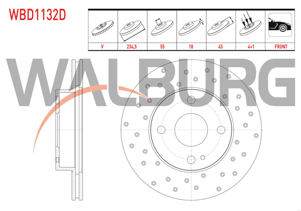 WALBURG WBD1132D | Fren Diski Ön Havalı Performans Delikli 4 Bjn 234,5X18x55x45 Mazda 323 IV 1.3İ-1.6İ-1.8 16V 1989-1994 / Mx-5 I (Na) 1.6İ 16V 1990-1998 | 2 Adet