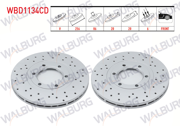 WALBURG WBD1134CD | Fren Diski Ön Havalı Kaplamalı Performans Delikli 6 Bjn 256X20x86x20 Mazda E 2200 (Sr2) 2.2 D 1984-2004 / Besta 2.2 D 1993-2003 | 2 Adet