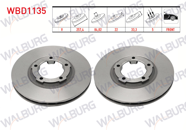 WALBURG WBD1135 | Fren Diski Ön Havalı 5 Bjn 258,1X22x84,02X33,01 Mitsubishi L 300 (P0w,P1w) 2.5 D 1986-2006 / L 200 (K7t,K6t) 2.5 D 1996-2007 | 2 Adet