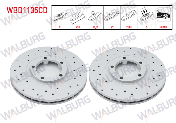 WALBURG WBD1135CD | Fren Diski Ön Havalı Kaplamalı Performans Delikli 5 Bjn 258,1X22x84,02X33,01 Mitsubishi L 300 (P0w,P1w) 2.5 D 1986-2006 / L 200 (K7t,K6t) 2.5 D 1996-2007 | 2 Adet