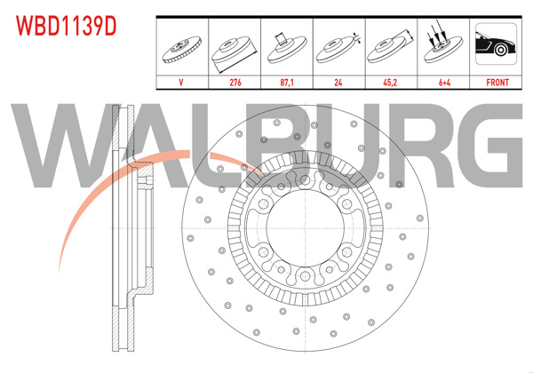 WALBURG WBD1139D | Fren Diski Ön Havalı Performans Delikli 6 Bjn 276X24x87,1X45,2 Mitsubishi L 200 (K7t,K6t) 2.5 D 4X4 1996-2007 / Pajero II 2.5 TD-2.8 TD-3.5 V6 4X4 1990-1999 | 2 Adet