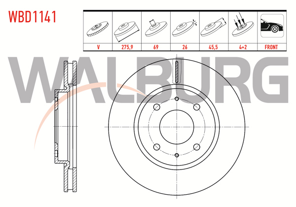 WALBURG WBD1141 | Fren Diski Ön Havalı 4 Bjn 275,9X26x69x45,5 Mitsubishi Lancer VII (Csa) 1.3 2003-2007 / Lancer VII (Csa) 1.6 2003-2007 | 2 Adet
