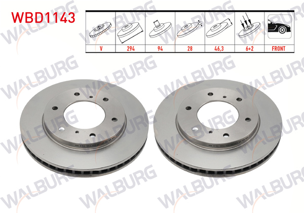 WALBURG WBD1143 | Fren Diski Ön Havalı 6 Bjn 294X28x94x46,3 Mitsubishi L 200 (Ka_T, Kb_T) 2.5 2005-2015 / L 200 (Kj_, Kk_, Kl_) 2.2 2.4 2.5 Dı-D 4Wd 2014-/ Fiat Fullback Pick-Up 4X4 2016-| 2 Adet