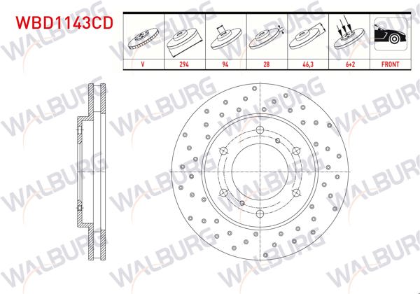 WALBURG WBD1143CD | Fren Diski Ön Havalı Kaplamalı Performans Delikli 6 Bjn 294X28x94x46,3 Mitsubishi L 200 (Ka_T, Kb_T) 2.5 2005-2015 / L 200 (Kj_, Kk_, Kl_) 2.2 2.4 2.5 Dı-D 4Wd 2014-/ Fiat Fullback Pick-Up 4X4 2016-| 2 Adet