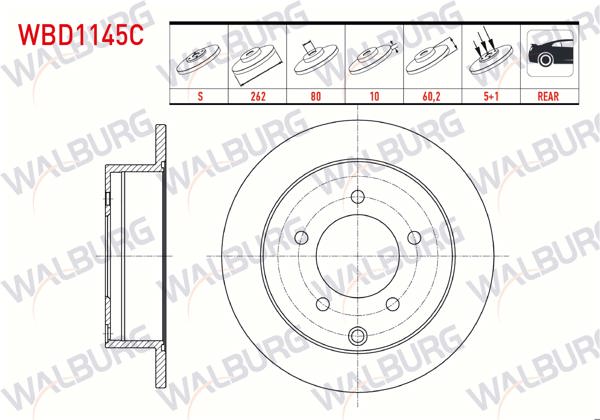 WALBURG WBD1145C | Fren Diski Arka Düz Kaplamalı 5 Bjn 262X10x80x60,2 Mitsubishi Lancer (Cy,Za) 2.0 2007-/ Lancer (Cy,Za) 1.8 5 2007-| 2 Adet
