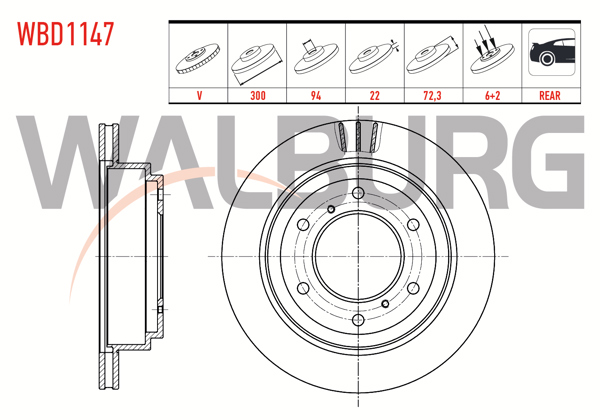 WALBURG WBD1147 | Fren Diski Arka Havalı 6 Bjn 300X22x94.07X72,4 Mitsubishi Pajero IV (V8w,V9w) 3.8 V6 2007-/ Pajero IV (V8w,V9w) 3.2 Dı 2007-/ Pajero IV (V8w,V9w) 3.2 Dıd 2007-| 2 Adet