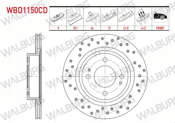 WALBURG WBD1150CD | Fren Diski Ön Havalı Kaplamalı Performans Delikli 4 Bjn 251X17x64x41,8 Mitsubishi Attrage (A10_) 1.2 2014-/ Space Star VI (A0_A) 1.2 2012-| 2 Adet