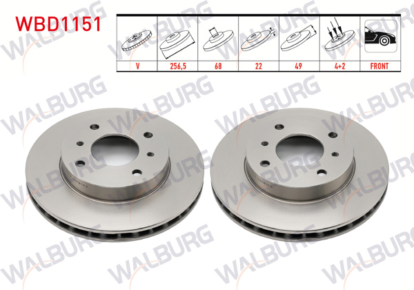 WALBURG WBD1151 | Fren Diski Ön Havalı 4 Bjn 256,5X22x68x49 Nissan Primera 1.6İ 16V-2.0İ 16V-2.0 TD 1996-2001 / Primera 1.6İ 16V-2.0İ 1990-1998 / 200 Sx 1.8 1988-1994 | 2 Adet