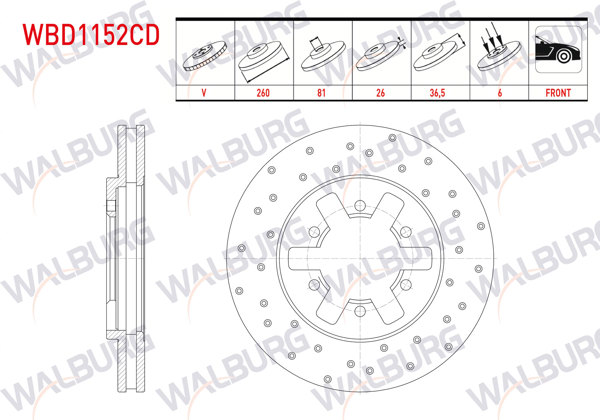 WALBURG WBD1152CD | Fren Diski Ön Havalı Kaplamalı Performans Delikli 6 Bjn 260X26x81x36,5 Nissan Pick Up (D22) 2.5 D 4X4 1998-/ Pick Up (D22) 2.5 Dı 4X4 1998-| 2 Adet
