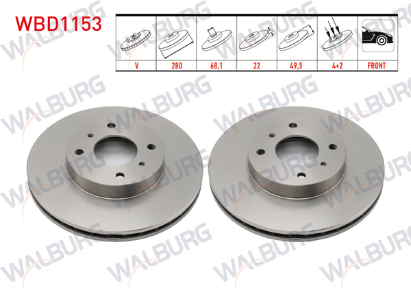 WALBURG WBD1153 | Fren Diski Ön Havalı 4 Bjn 280X22x68,1X49,5 Nissan Primera 1.6İ 16V-1.8İ 16V-2.0İ 16V-2.0 TD 1996-2001 / Almera II 1.5İ 16V-1.8İ 2000-2007 / 200 Sx 1.8 1988-1994 | 2 Adet