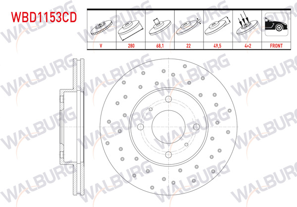 WALBURG WBD1153CD | Fren Diski Ön Havalı Kaplamalı Performans Delikli 4 Bjn 280X22x68,1X49,5 Nissan Primera 1.6İ 16V-1.8İ 16V-2.0İ 16V-2.0 TD 1996-2001 / Almera II 1.5İ 16V-1.8İ 2000-2007 / 200 Sx 1.8 1988-1994 | 2 Adet