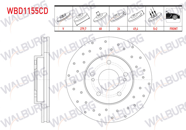 WALBURG WBD1155CD | Fren Diski Ön Havalı Kaplamalı Performans Delikli 5 Bjn 279,7X26x68x49,4 Nissan Primera 1.6İ 2002-/ Primera 2.0İ 16V 2002-/ X-Traıl 2.0İ 2001-2007 / Maxıma Qx 2.0 1994-2000 / Maxıma Qx 3.0 1994-2000 | 2 Adet