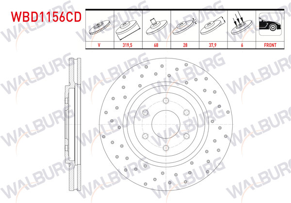 WALBURG WBD1156CD | Fren Diski Ön Havalı Kaplamalı Performans Delikli 6 Bjn 319,5X28x68x37,9 Nissan Pathfinder (R51) 2.5 DCI 4X4 2005-/ Navara (D40) 2.5 DCI 6 Bjn 4X4 2005-2015 | 2 Adet