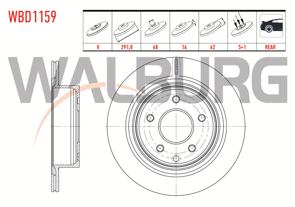 WALBURG WBD1159 | Fren Diski Arka Havalı 5 Bjn 291,8X16x68x62 Nissan X-Traıl 2.0İ 2007-2013 / X-Traıl 2.0 DCI 2007-2013 / Qashqai + 2 1.5 DCI 2007-2014 / Qashqai + 2 2.0 DCI 2007-2014 / Renault Koleos 2.0 DCI 2008-2014 | 2 Adet