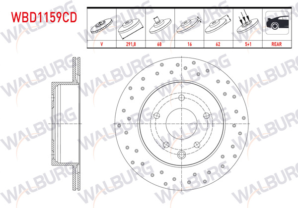 WALBURG WBD1159CD | Fren Diski Arka Havalı Kaplamalı Performans Delikli 5 Bjn 291,8X16x68x62 Nissan X-Traıl 2.0İ 2007-2013 / X-Traıl 2.0 DCI 2007-2013 / Qashqai + 2 1.5 DCI 2007-2014 / Qashqai + 2 2.0 DCI 2007-2014 / Renault Koleos | 2 Adet