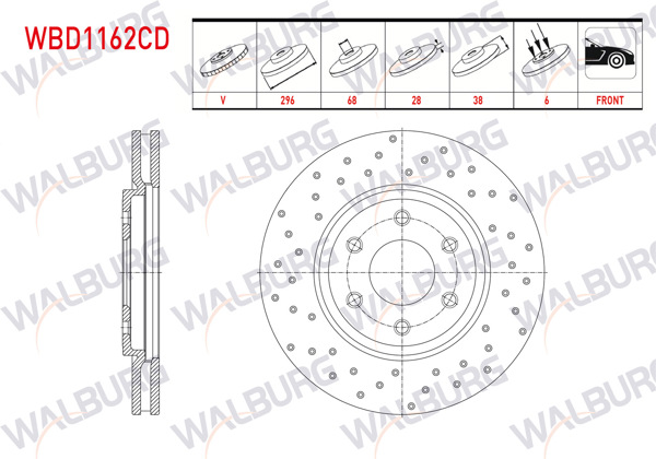 WALBURG WBD1162CD | Fren Diski Ön Havalı Kaplamalı Performans Delikli 6 Bjn 296X28x68x38 Nissan Navara (D40) 2.5 DCI 2005-2015 / Pathfinder (R51) 2.5 DCI 2005-| 2 Adet