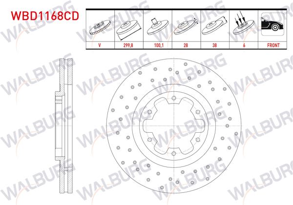 WALBURG WBD1168CD | Fren Diski Ön Havalı Kaplamalı Performans Delikli 6 Bjn 299,8X28x100,1X38 Nissan Pick Up Np300 Skystar 2.5 DCI 4X4 2008-/ Pick Up Skystar 2.4İ 4X4 2002-2005 | 2 Adet