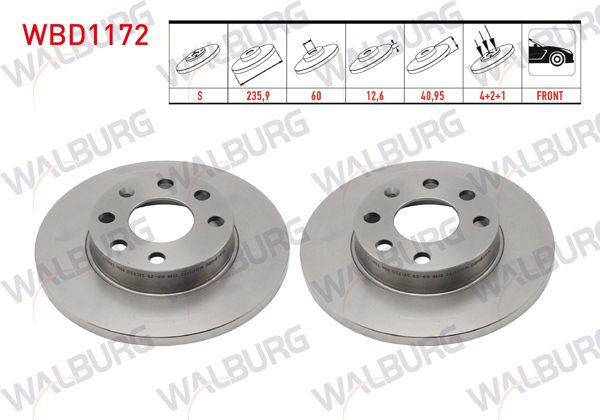 WALBURG WBD1172 | Fren Diski Ön Düz 4 Bjn 235,9X12,6X60x40,95 Opel Vectra A 1.4-1.6-1.8 1988-1995 / Corsa B 1.2İ-1.4İ-1.6İ 1993-2000 / Corsa C 1.0İ 12V 2000-2006 / Corsa A 1.2-1.4 1983-1993 | 2 Adet