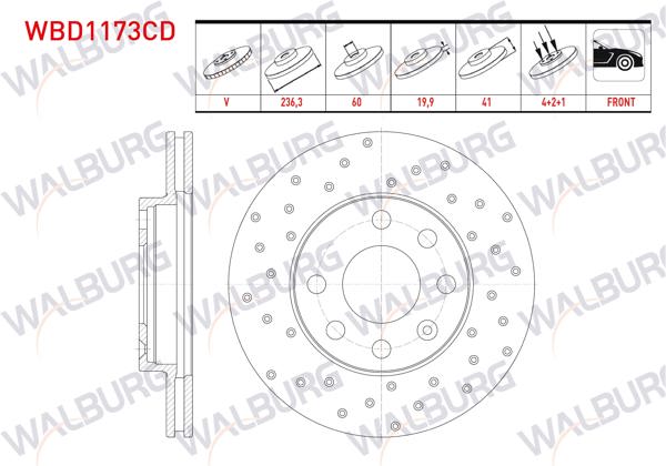 WALBURG WBD1173CD | Fren Diski Ön Havalı Kaplamalı Performans Delikli 4 Bjn 236,3X19,9X60x41 Opel Vectra A 1.6 1988-1995 / Astra F 1.4İ-1.6İ 1991-1998 / Corsa B 1.2İ-1.4İ 16V 1993-2000 / Combo B 1.4-1.7 1994-2001 / Astra F | 2 Adet