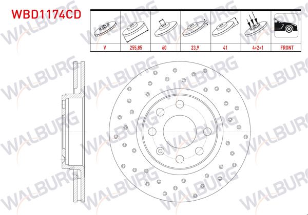 WALBURG WBD1174CD | Fren Diski Ön Havalı Kaplamalı Performans Delikli 4 Bjn 255,85X23,9X60x41 Opel Vectra A 2.0 1988-1995 / Vectra B 1.6İ-2.0İ 1995-2003 / Astra F 1.4İ-1.6İ 1991-1998 / Astra F Classic 1.4İ-1.6İ 1998-2002 | 2 Adet