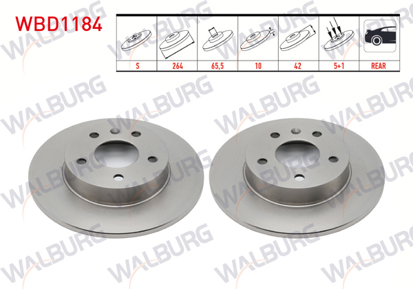 WALBURG WBD1184 | Fren Diski Arka Düz 5 Bjn 264X10x65,5X42 Opel Astra G 1.8 16V-2.0 16V 1998-2005 / Astra H 1.3 CDTI-1.6İ 16V-1.9 CDTI 2004-2010 / Zafira A 1.6 16V-1.8 16V-1999-2005 / Meriva A 1.3 CDTI 2003-2010 | 2 Adet