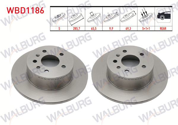 WALBURG WBD1186 | Fren Diski Arka Düz 5 Bjn 285,7X9,9X65,5X69,3 Opel Vectra B 2.0İ 1995-2003 / Vectra B 2.5 V6 1995-2003 | 2 Adet
