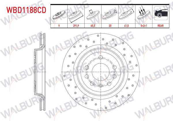 WALBURG WBD1188CD | Fren Diski Arka Havalı Kaplamalı Performans Delikli 5 Bjn 291,9X20x65,5X41,5Opel Vectra C 1.8 16V 2002-2008 / Vectra C 1.9 CDTI 2002-2002 / Vectra C 1.6 16V 2002-2002 / Sıgnum 1.8İ 2003-| 2 Adet