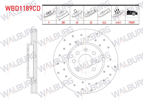 WALBURG WBD1189CD | Fren Diski Ön Havalı Kaplamalı Performans Delikli 4 Bjn 280X25x60x42,2 Opel Combo C 1.3 CDTI-1.7 CDTI-2001-2006 / Meriva A 1.6-1.3 CDTI 2003-2010 / Astra H 1.4İ-1.6İ-1.3 CDTI 2004-2010 | 2 Adet