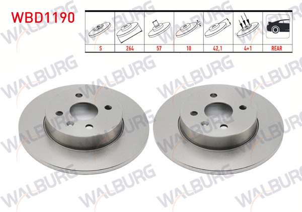 WALBURG WBD1190 | Fren Diski Arka Düz 4 Bjn 264X10x57x42,1 Opel Combo C 1.3 CDTI-1.7 CDTI-2001-2006 / Meriva A 1.6-1.3 CDTI 2003-2010 / Astra H 1.4İ-1.6İ-1.3 CDTI 2004-2010 | 2 Adet