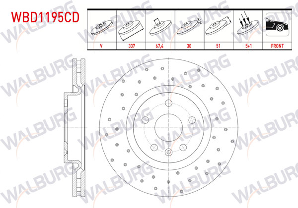 WALBURG WBD1195CD | Fren Diski Ön Havalı Kaplamalı Performans Delikli 5 Bjn 337X30x67,4X51 Opel Insignia 1.6-1.6 T-2.0 CDTI-2.0 T 18 Jant 2008-| 2 Adet