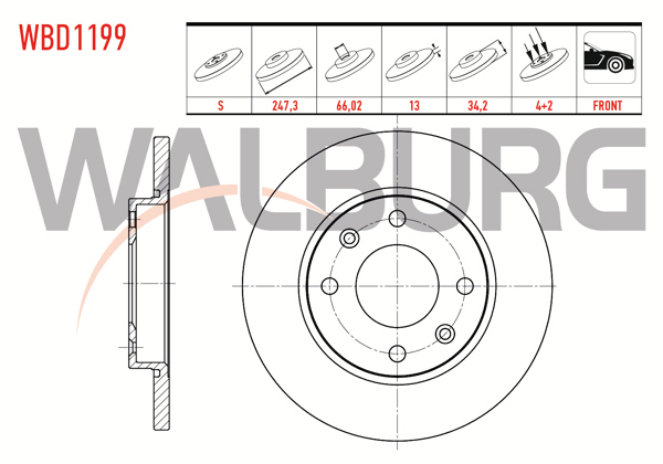 WALBURG WBD1199 | Fren Diski Ön Düz 4 Bjn 247,3X13x66,02X34,2 206 (2A / C) 1.4 HDI-1.4İ 16V 1998-2006 / Xsara 1.4 1997-2005 / Xsara 1.6 1997-2005 / Xsara 1.8 1997-2005 / 306 1.4İ 1993-2002 / 306 1.6İ 1993-2002 | 2 Adet