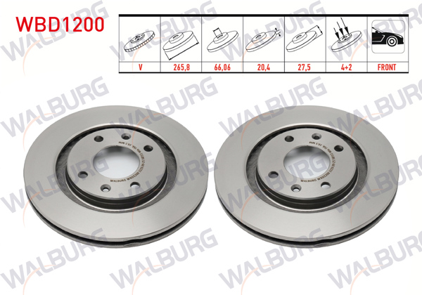 WALBURG WBD1200 | Fren Diski Ön Havalı 4 Bjn 265,8X20,4X66,06X27,5 Partner 1.9 D-2.0 HDI 1996-2008 / Berlingo 1.6İ-1.9 D 1996-2008 / 206 1.6 HDI-1.6İ 16V-2.0İ 1998-2006 / Xsara 1.4-1.6 1997-2005 / 306 1.4İ-1.6İ-1.8İ 1993-2002 | 2 Adet